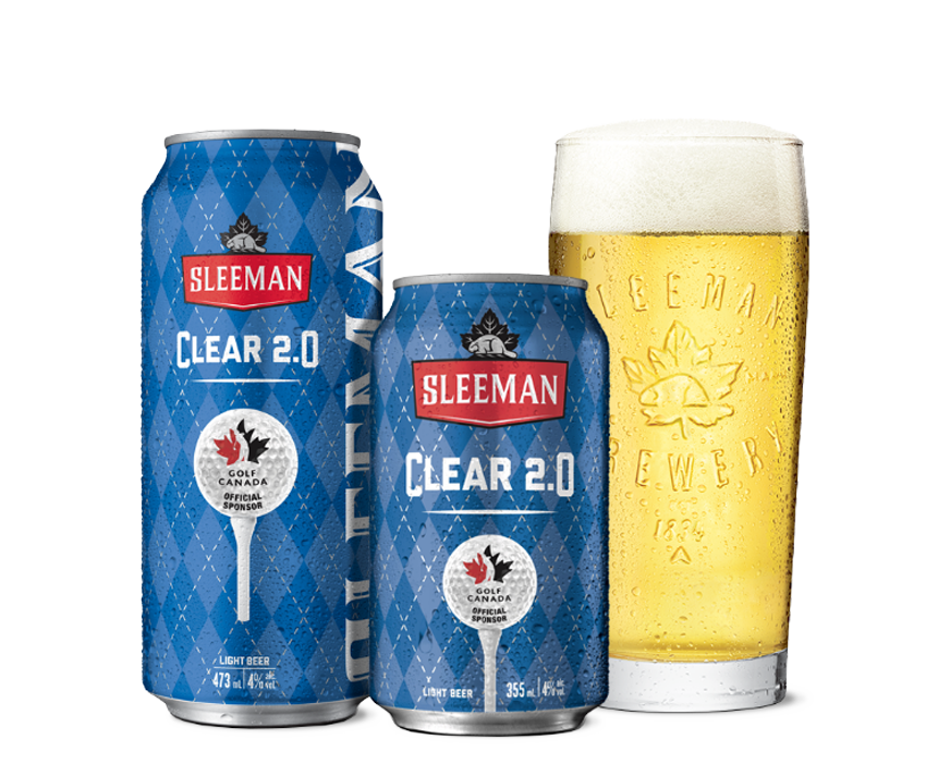 A 355 ml can and a 473 ml can of Sleeman Clear 2.0