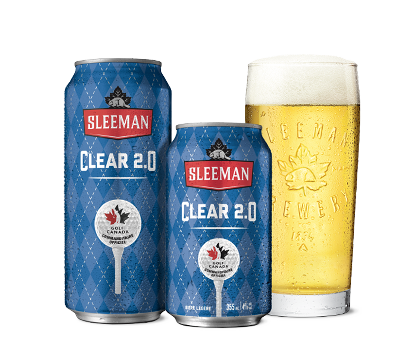 A 355 ml can and a 473 ml can of Sleeman Clear 2.0