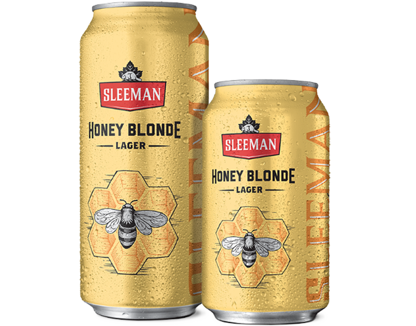 A 355 ml can and a 473 ml can of Sleeman Honey Blonde Lager