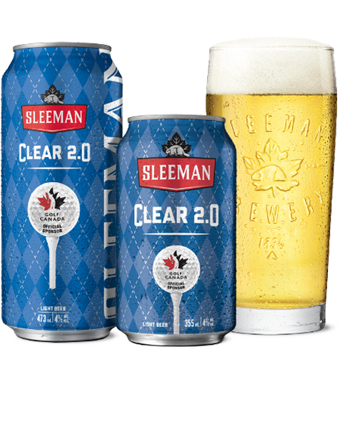 A 355 ml can and a 473 ml can of Sleeman Clear 2.0