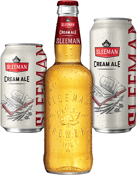 A bottle of Sleeman Clear 2.0 between a 355 ml can and a 473 ml can.
