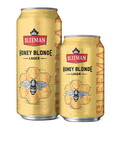 355 ml can and a 473 ml can of Sleeman Honey Blonde Lager