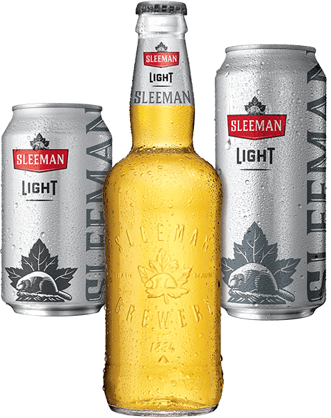 A bottle of Sleeman Clear 2.0 between a 355 ml can and a 473 ml can.