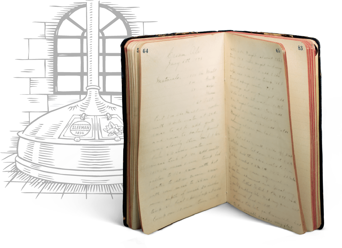 The original Sleeman family recipe book in front of an illustration of a copper brewing kettle.