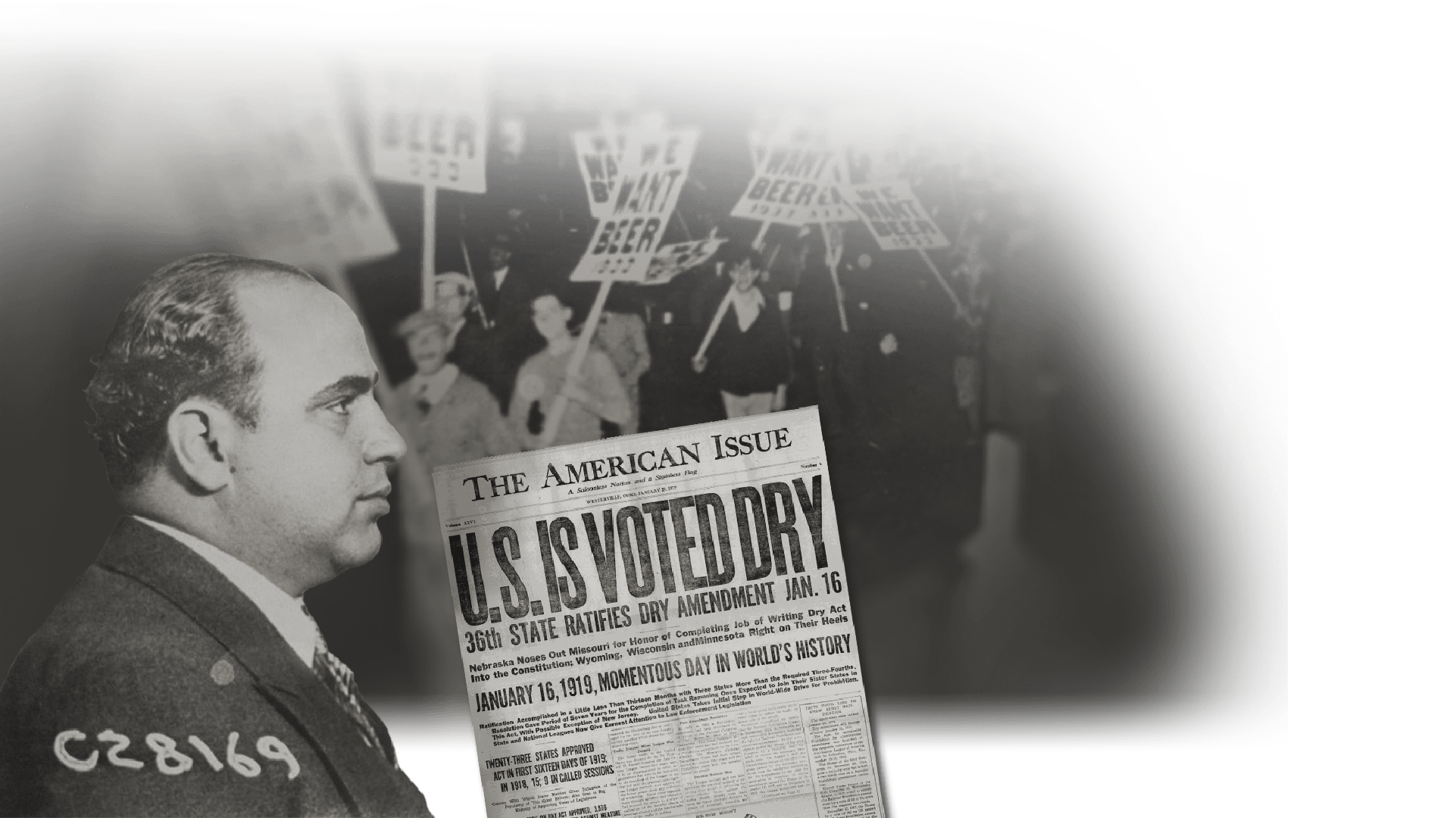 A collage of Al Capone with an old newspaper and signs from prohibition.