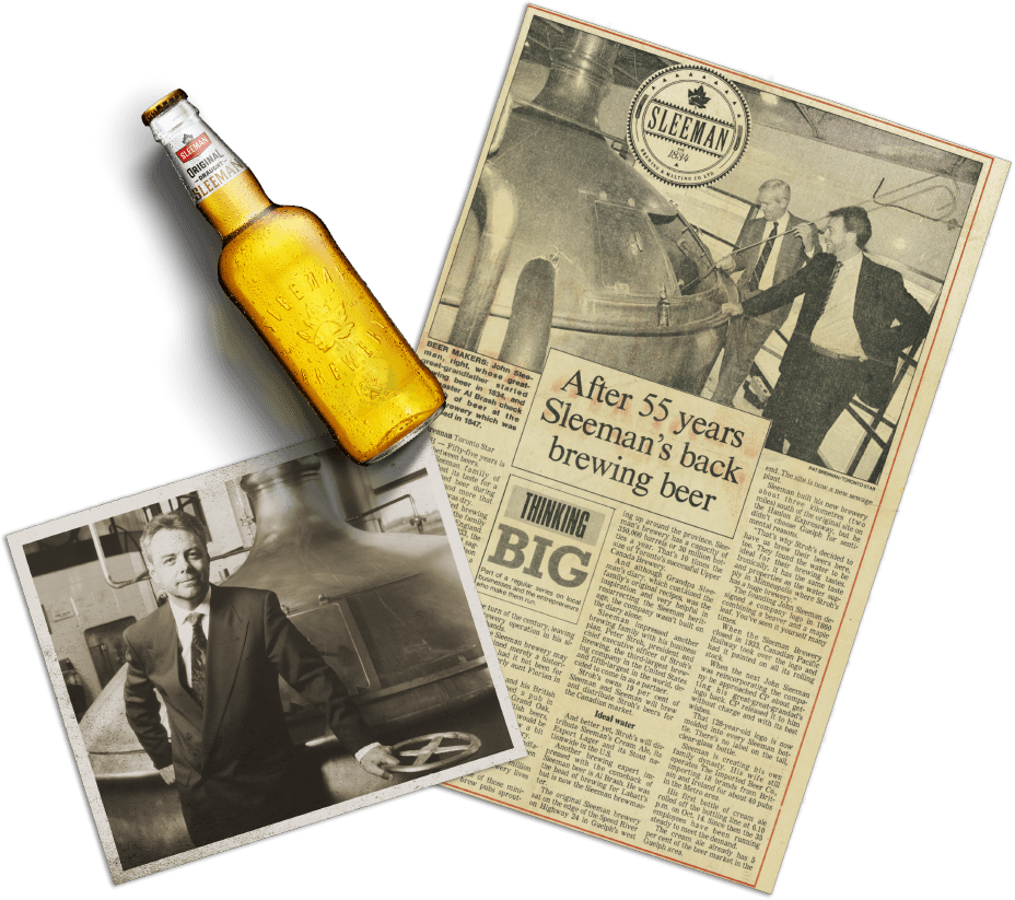 A bottle of Sleeman with an old photo of John Sleeman and a newspaper article about the brewery reopening.